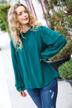 Load image into Gallery viewer, Be Merry Hunter Green Frill Mock Neck Crinkle Top
