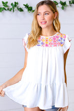 Load image into Gallery viewer, Ivory Floral Embroidery Print Ruffle Sleeve Yoke Top
