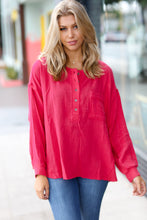 Load image into Gallery viewer, Magenta Gauze &amp; Waffle Henley Oversized Top
