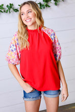 Load image into Gallery viewer, Cardinal Red Frilled Mock Neck Floral Puff Sleeve Top
