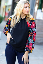 Load image into Gallery viewer, Be Yourself Black Sequin &amp; Floral Embroidery Print Mock Neck Top
