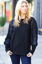 Load image into Gallery viewer, Black Hacci Floral Lace Bubble Sleeve Top
