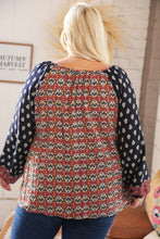 Load image into Gallery viewer, Navy &amp; Rust Paisley Print Bubble Sleeve Keyhole Top
