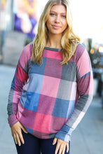 Load image into Gallery viewer, Weekend Ready Blue &amp; Plum Checker Plaid French Terry Top
