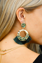 Load image into Gallery viewer, Emerald Boho Rhinestone Tassel Gold Drop Earrings
