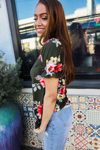 Load image into Gallery viewer, Flower Power Moss Green Floral Print Ruffle Puff Sleeve Top
