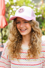 Load image into Gallery viewer, Baby Pink Glitter Smiley Face Mesh Trucker Hat
