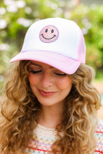 Load image into Gallery viewer, Baby Pink Glitter Smiley Face Mesh Trucker Hat
