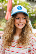 Load image into Gallery viewer, Baby Blue Glitter Smiley Face Mesh Trucker Hat
