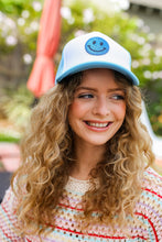 Load image into Gallery viewer, Baby Blue Glitter Smiley Face Mesh Trucker Hat
