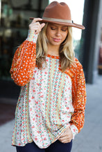 Load image into Gallery viewer, Rust &amp; Taupe Vertical Floral Color Block Bubble Sleeve Top
