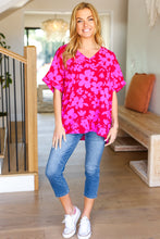 Load image into Gallery viewer, Tropical Trance Magenta Floral V Neck Woven Top
