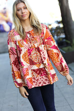 Load image into Gallery viewer, Rust/Magenta Patchwork Print Front Tie Boho Top
