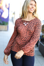 Load image into Gallery viewer, Terracotta Leopard V Neck Lace Up Bubble Sleeve Slim Top
