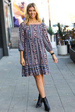 Load image into Gallery viewer, Lovely In Navy Floral Stripe Babydoll Ruffle Pocketed Dress
