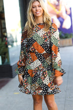 Load image into Gallery viewer, Lady Luck Black &amp; Olive Patchwork Print Mock Neck Dress
