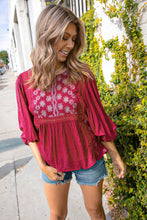 Load image into Gallery viewer, Cranberry Boho Crochet Lace Eyelet Swiss Dot Top
