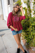 Load image into Gallery viewer, Cranberry Boho Crochet Lace Eyelet Swiss Dot Top
