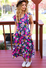 Load image into Gallery viewer, Diva Dreams Navy &amp; Lilac Floral Fit &amp; Flare Midi Dress
