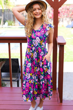 Load image into Gallery viewer, Diva Dreams Navy &amp; Lilac Floral Fit &amp; Flare Midi Dress
