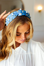 Load image into Gallery viewer, Azure Blue Pearl &amp; Jewels Top Knot Knit Headband
