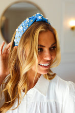 Load image into Gallery viewer, Azure Blue Pearl &amp; Jewels Top Knot Knit Headband
