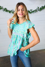 Load image into Gallery viewer, Turquoise Floral Stripe Babydoll Top
