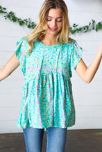 Load image into Gallery viewer, Turquoise Floral Stripe Babydoll Top
