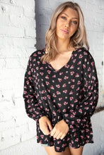 Load image into Gallery viewer, Black V Neck Floral Print Babydoll Woven Knit Top
