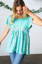 Load image into Gallery viewer, Turquoise Floral Stripe Babydoll Top
