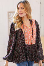 Load image into Gallery viewer, Black Floral Beaded Tie Peasant Woven Blouse
