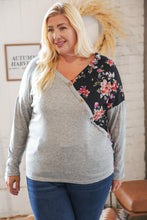 Load image into Gallery viewer, Grey &amp; Black Floral Surplice Button Knit Top
