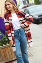 Load image into Gallery viewer, All Put Together Rust &amp; Navy Striped Pocketed Cardigan
