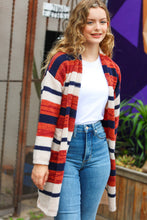 Load image into Gallery viewer, All Put Together Rust &amp; Navy Striped Pocketed Cardigan
