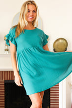 Load image into Gallery viewer, Summer Days Teal Waffle Knit Ruffle Sleeve Babydoll Dress
