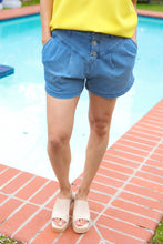 Load image into Gallery viewer, Faded Blue High Rise Pleated Button Down Denim Shorts
