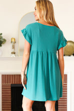 Load image into Gallery viewer, Summer Days Teal Waffle Knit Ruffle Sleeve Babydoll Dress
