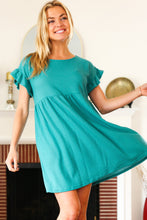 Load image into Gallery viewer, Summer Days Teal Waffle Knit Ruffle Sleeve Babydoll Dress
