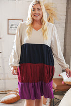 Load image into Gallery viewer, Oatmeal Navy V Neck Woven Pocketed Swing Dress
