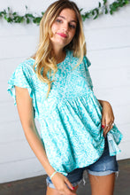 Load image into Gallery viewer, Aqua Boho Print Ruffle Short Sleeve Babydoll Top
