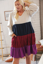 Load image into Gallery viewer, Oatmeal Navy V Neck Woven Pocketed Swing Dress
