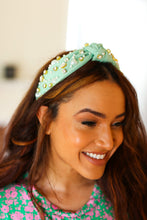 Load image into Gallery viewer, Mint Heart Pearl &amp; Jewel Knot Knit Headband
