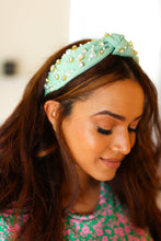 Load image into Gallery viewer, Mint Heart Pearl &amp; Jewel Knot Knit Headband
