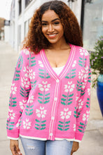 Load image into Gallery viewer, All For Love Fuchsia Flower Print Button Down Knit Cardigan
