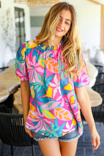 Load image into Gallery viewer, Vacay Ready Fuchsia Tropical Print Frill Mock Neck Top
