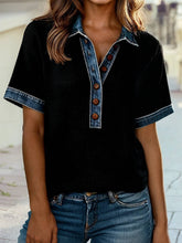 Load image into Gallery viewer, 1 the Woman - Denim Contrast Trim Patchwork Button Polo Collar Top S-4X

