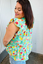 Load image into Gallery viewer, Mint Floral Yoke Flutter Sleeve Keyhole Back Top
