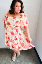 Load image into Gallery viewer, Peach Floral Chiffon Puff Sleeve Dress
