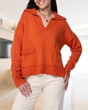 Load image into Gallery viewer, Suhkasana - Orange V Neck Collared Knit Sweater with Front Pockets

