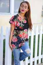 Load image into Gallery viewer, Diva Dreams Black Multicolor Floral Crochet Flutter Sleeve Top
